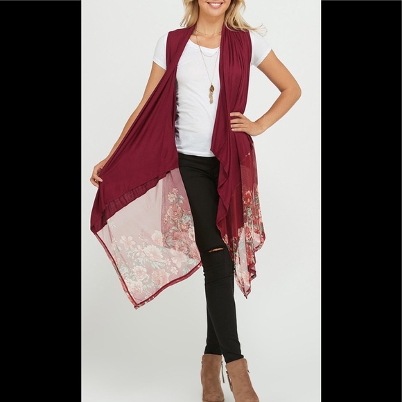 New! Burgundy Floral Mesh Lt. Weight Scarf Vest L - Picture 3 of 4
